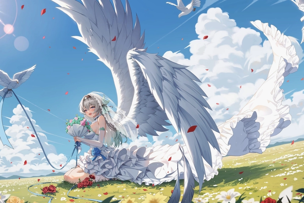 Ảnh anime thiên thần nữ với đôi cánh trắng lớn, đôi mắt buồn xa xăm