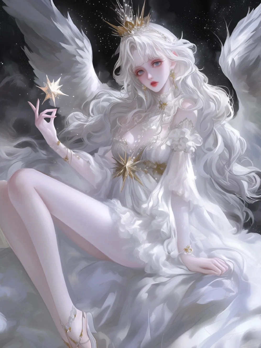 Ảnh anime thiên thần nữ với mái tóc dài và ánh mắt sắc sảo