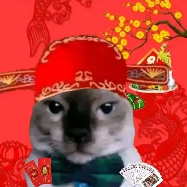 Ảnh chế mèo lì xì với vẻ mặt đầy tính toán và suy nghĩ