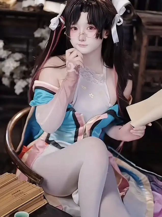 Bộ sưu tập ảnh cosplay anime độc đáo và ấn tượng nhất mọi thời đại 18 Ảnh cosplay anime Zhezhi trong trang phục đa sắc màu ngồi trên ghế gỗ, tạo dáng suy tư