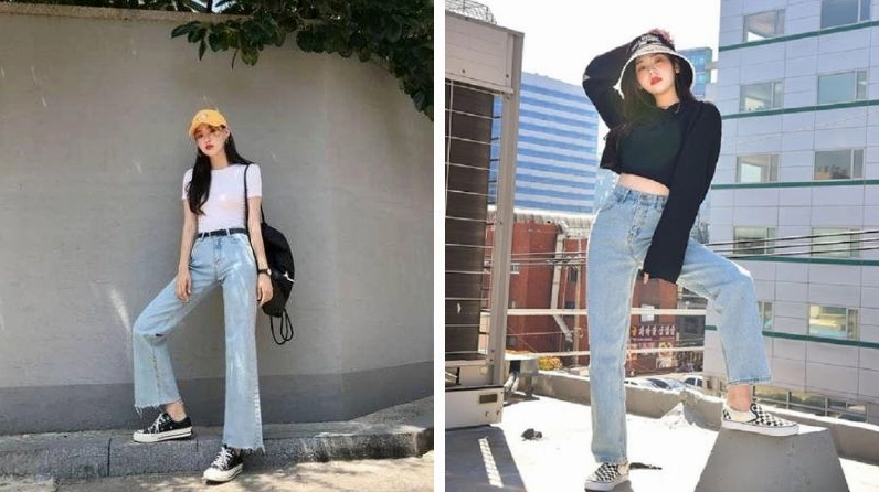 ảnh gái xinh mặc quần jean ống rộng với tư thế nhấc chân thanh thoát