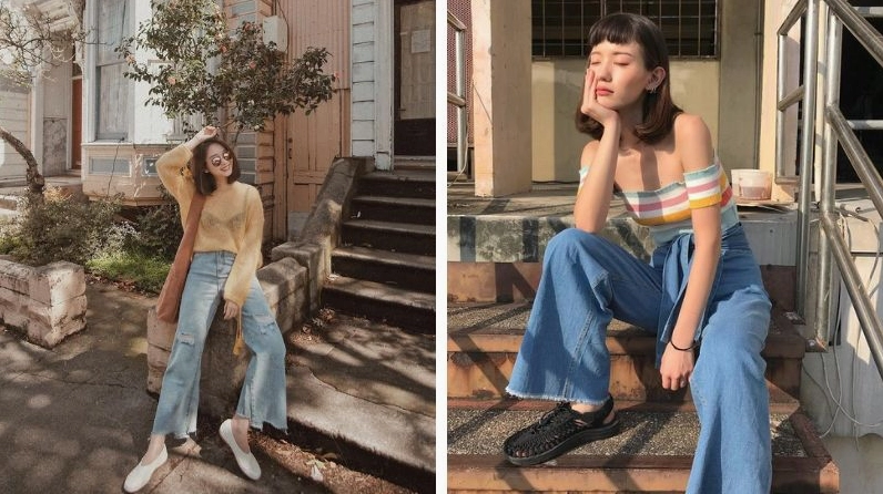 ảnh gái xinh mặc quần jean với tư thế ngồi thoải mái ấn tượng