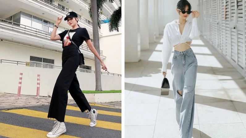 ảnh gái xinh mặc quần jean vừa đi vừa chụp tạo sự năng động