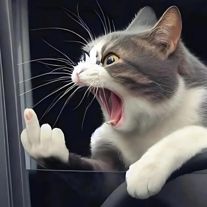 Ảnh meme mèo suy nghĩ giận dữ giơ ngón trỏ, biểu cảm của một 'mèo tính toán' đang phản đối