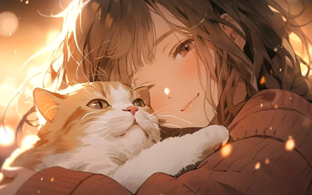 Ảnh nền gái dễ thương ôm mèo cưng dưới ánh nắng vàng