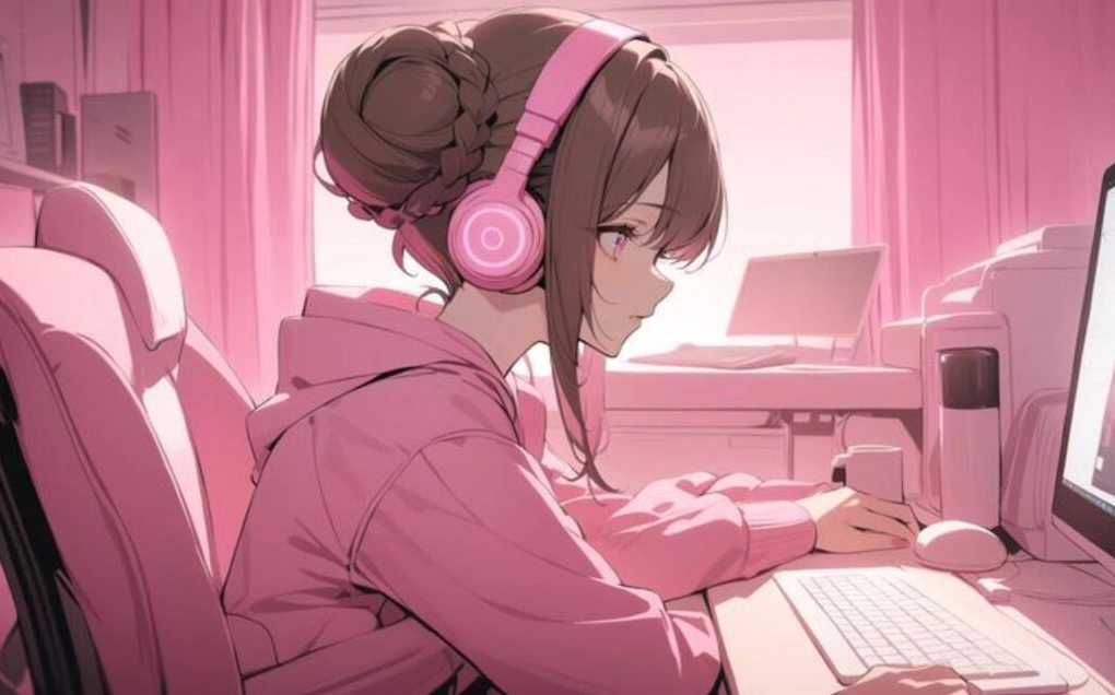 Ảnh nền gái xinh chăm chú bên máy tính với tai nghe hồng