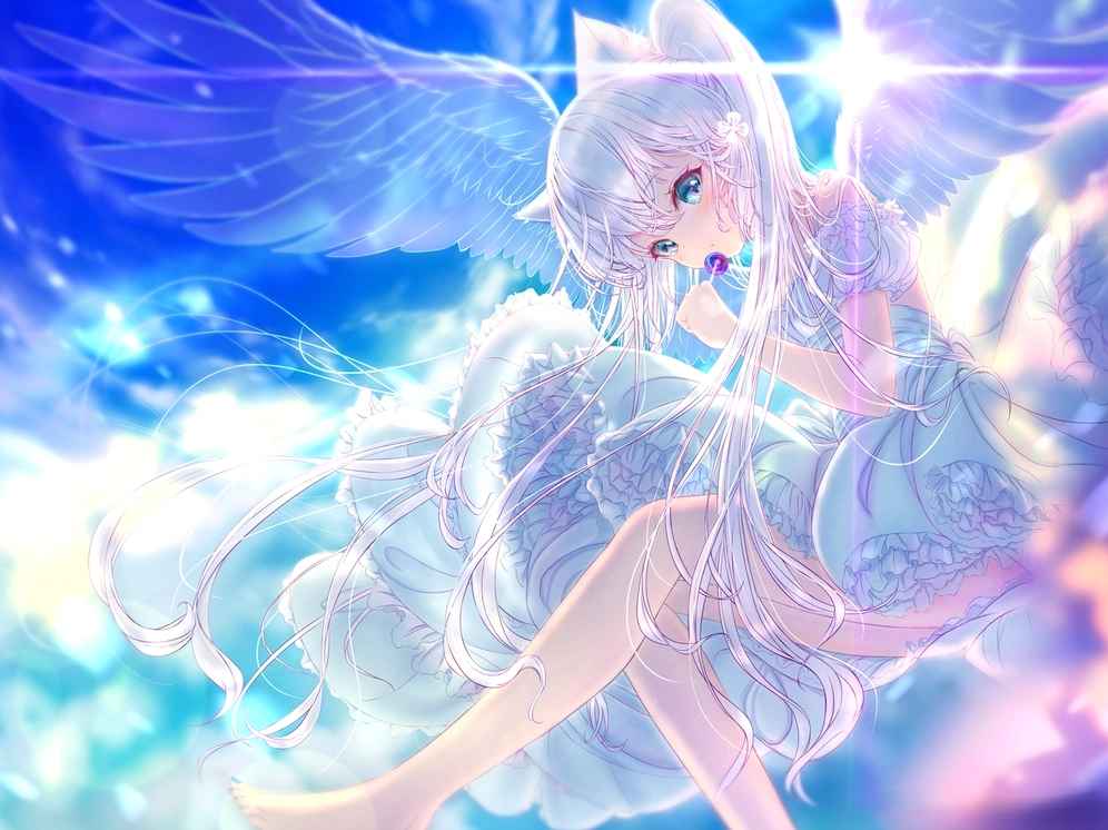 Ảnh thiên thần anime girl lãng mạn với mái tóc bay trong gió và vẻ mặt mơ màng