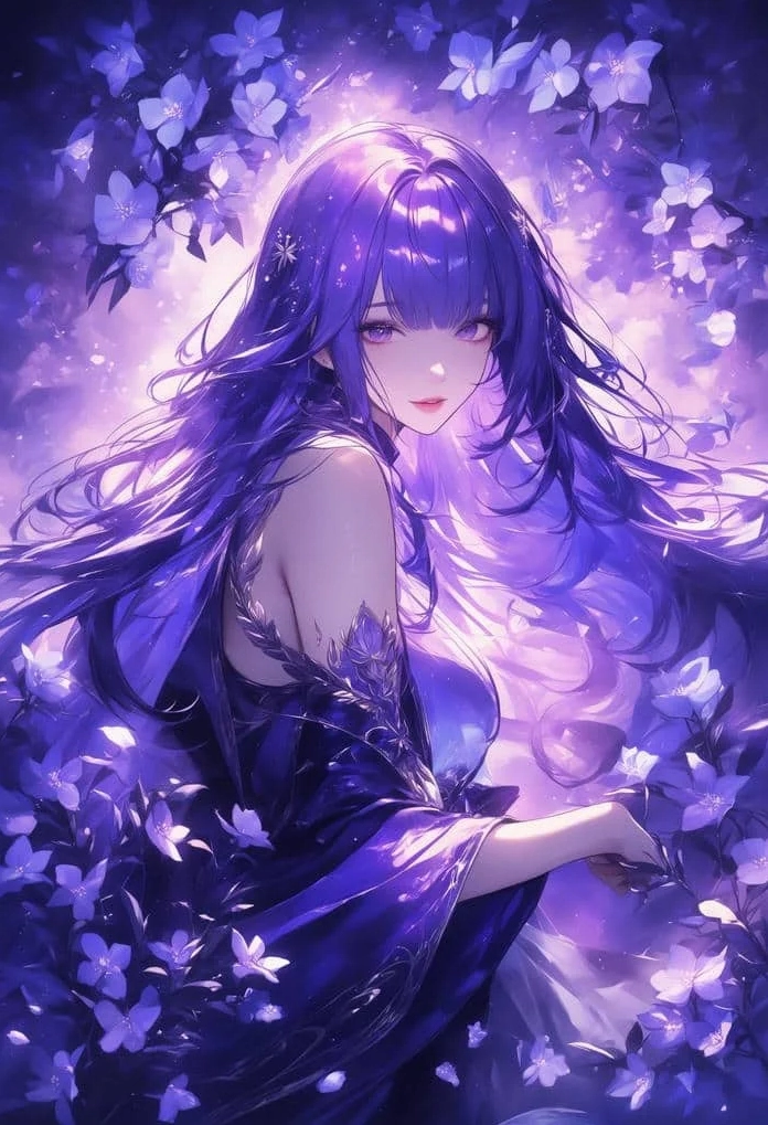 Anime ánh sáng tím rực rỡ buổi hoàng hôn