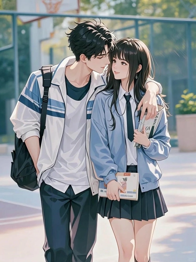 Cặp đôi học sinh anime đáng yêu cùng nhau đi dạo