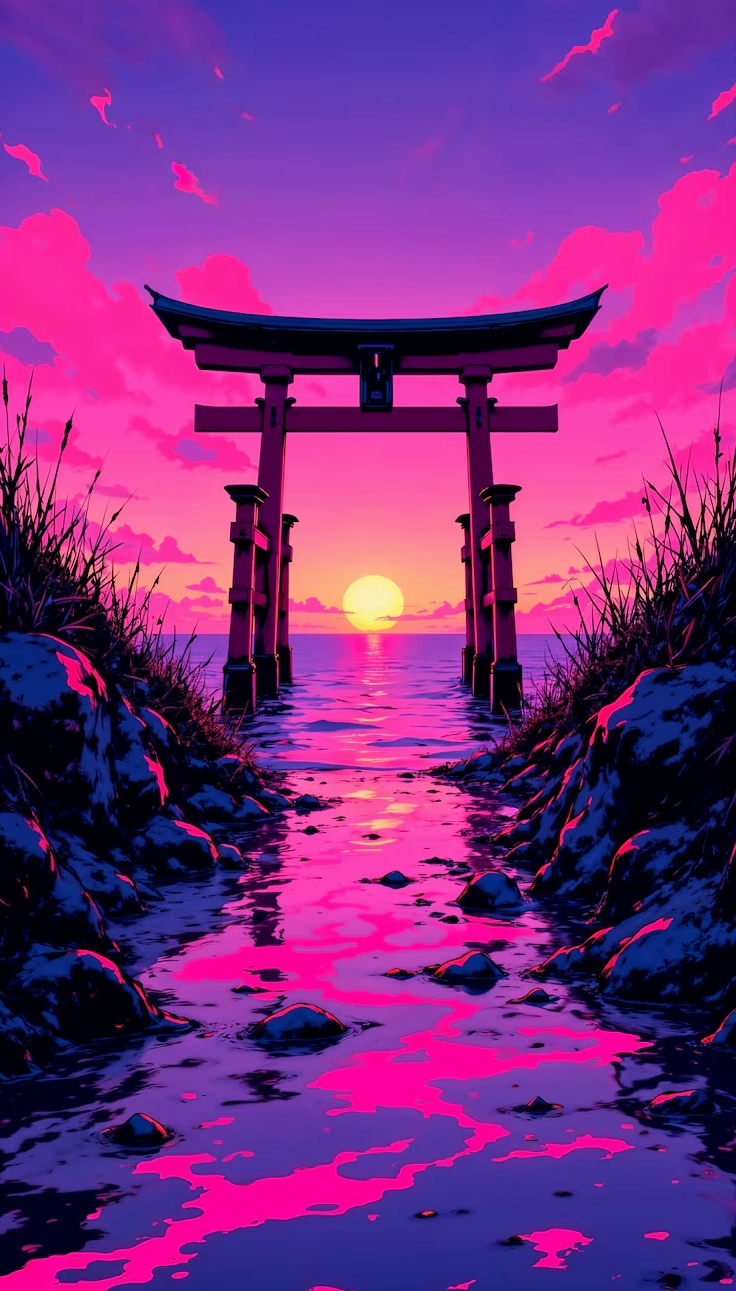 Cận cảnh thế giới ảo diệu của ảnh anime 3d và sự bùng nổ đồ họa 12 Cổng Torii hồng trong hoàng hôn anime 3d