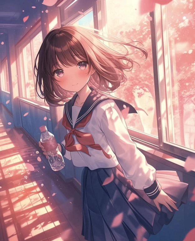 Hình ảnh anime học đường nữ sinh nhìn ra cửa sổ