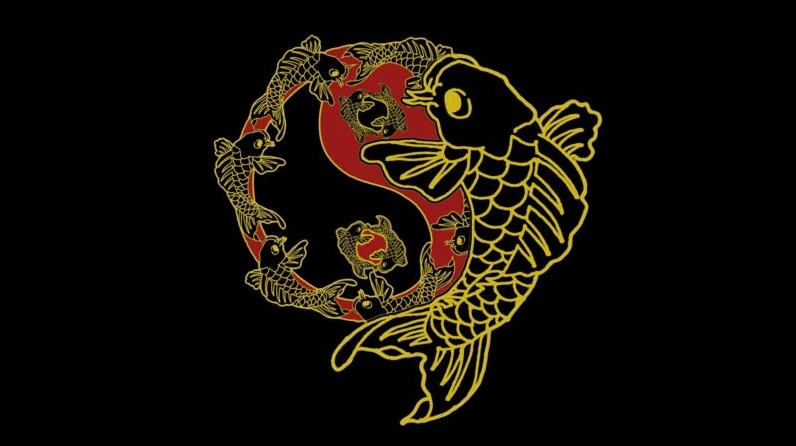 Hình nền cá chép hóa rồng với tông màu tối huyền bí