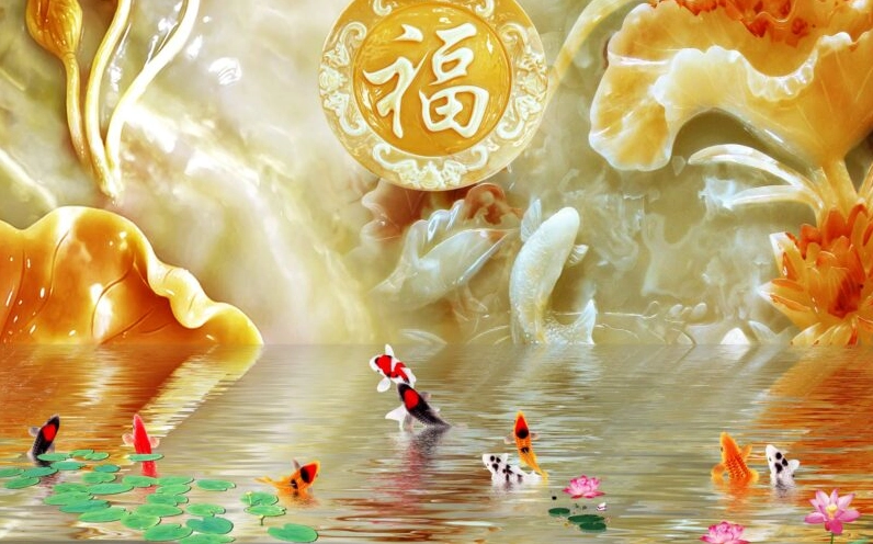 Hình nền cá chép nhảy trên mặt nước biểu tượng tài lộc