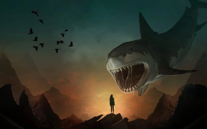 Hình nền cá mập cute minh họa với đàn chim