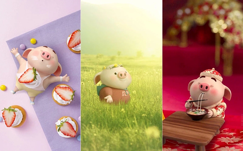 Hình nền con heo đứng giữa những bông hoa dại khoe sắc