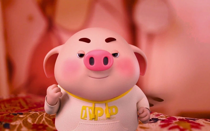 Hình nền con heo hồng nhỏ nhắn ngồi trên nền xanh tươi mát