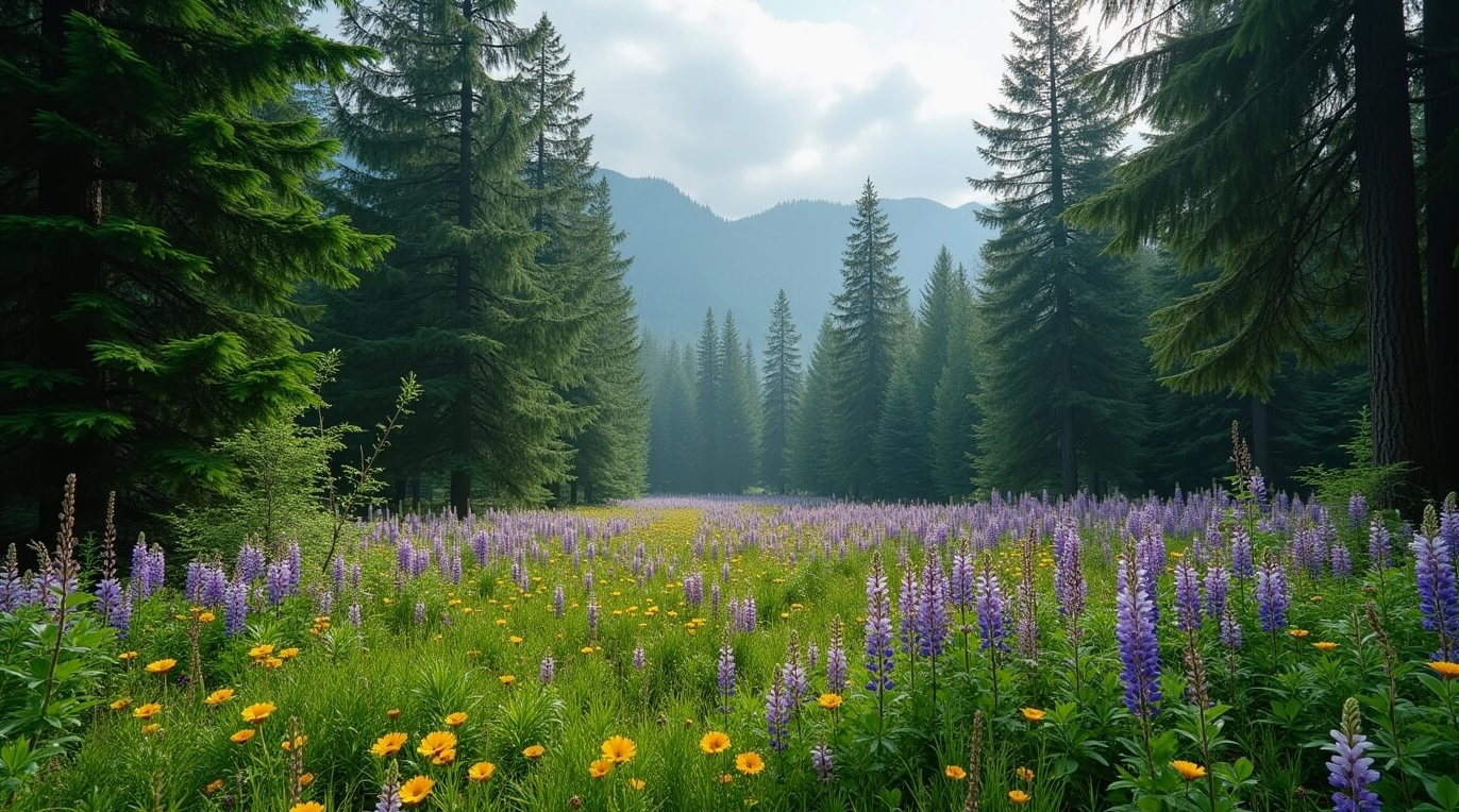 Hình nền đơn giản phong cảnh rừng với thảm hoa dại rực rỡ.