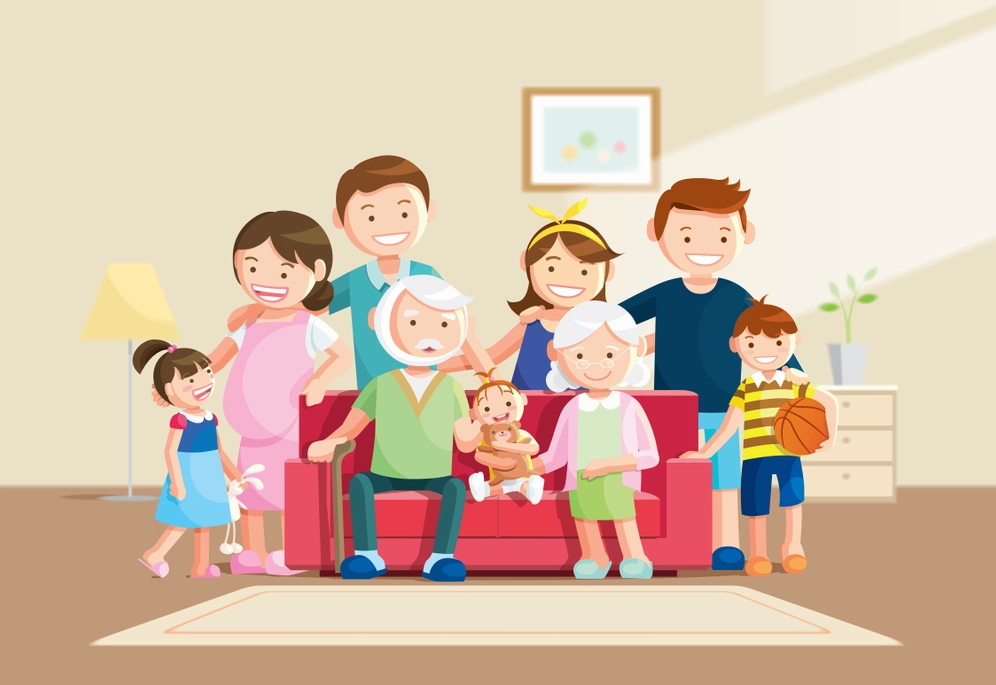 Hình nền gia đình hoạt hình 2D siêu dễ thương đang ngồi bên nhau