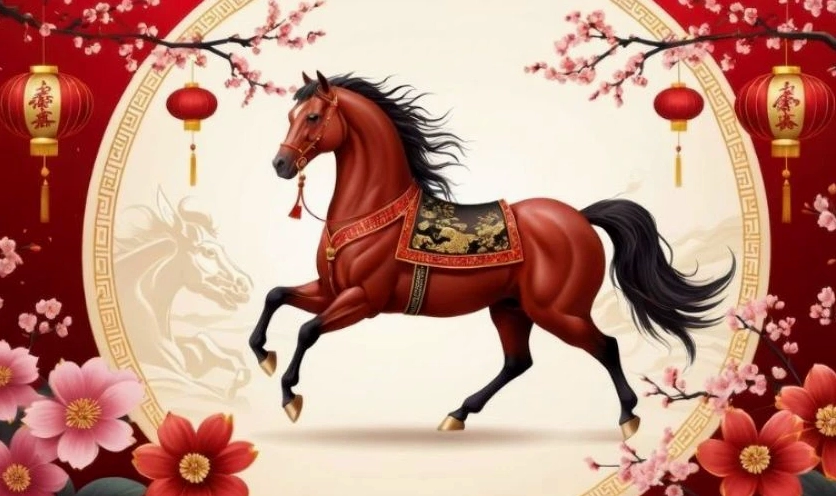 Hình nền hoa anh đào và chú ngựa may mắn cho năm mới