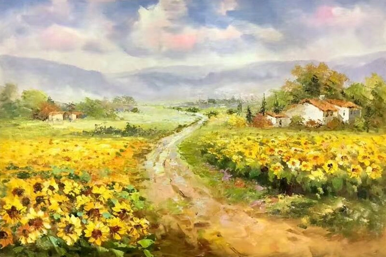 Hình nền hoa hướng dương chibi đáng yêu trên phông nền xanh mát