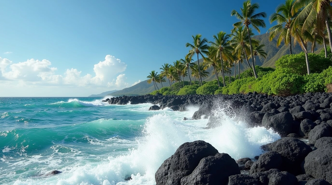 Hình nền màu xanh của những con sóng vỗ vào bờ đá nhiệt đới