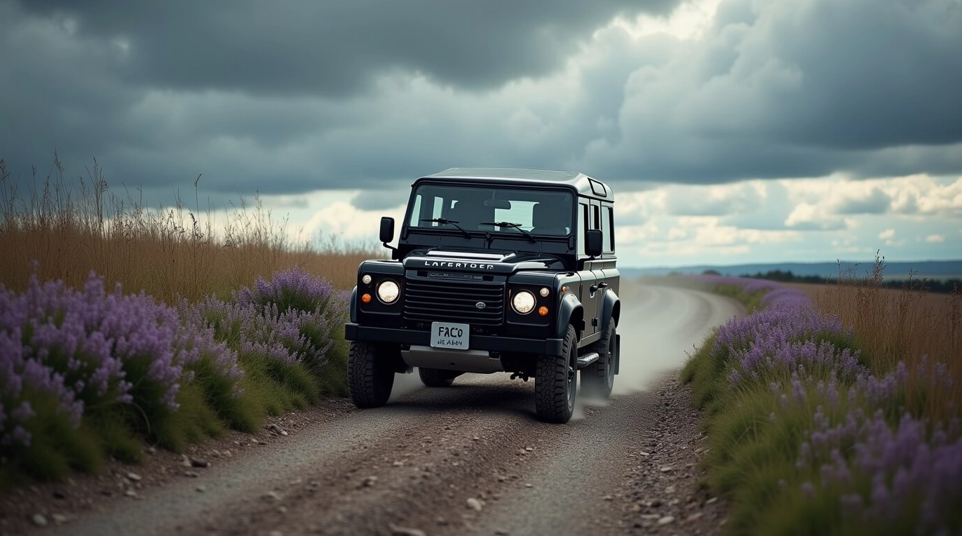 Hình nền màu xanh với chiếc xe Land Rover trên con đường hoa oải hương