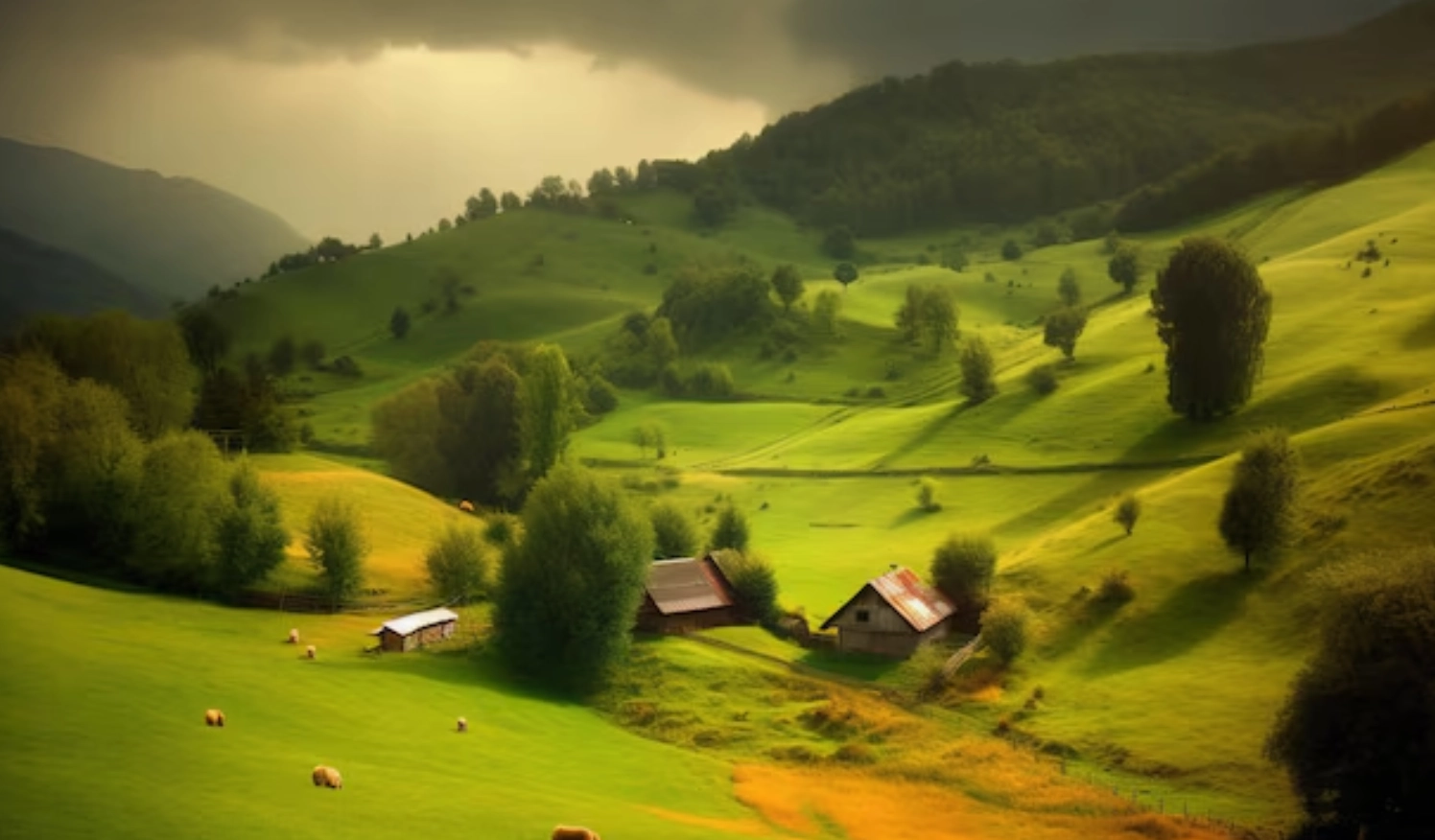 Hình nền phong cảnh đẹp đồng cỏ xanh tươi và cây cối dưới nắng sớm