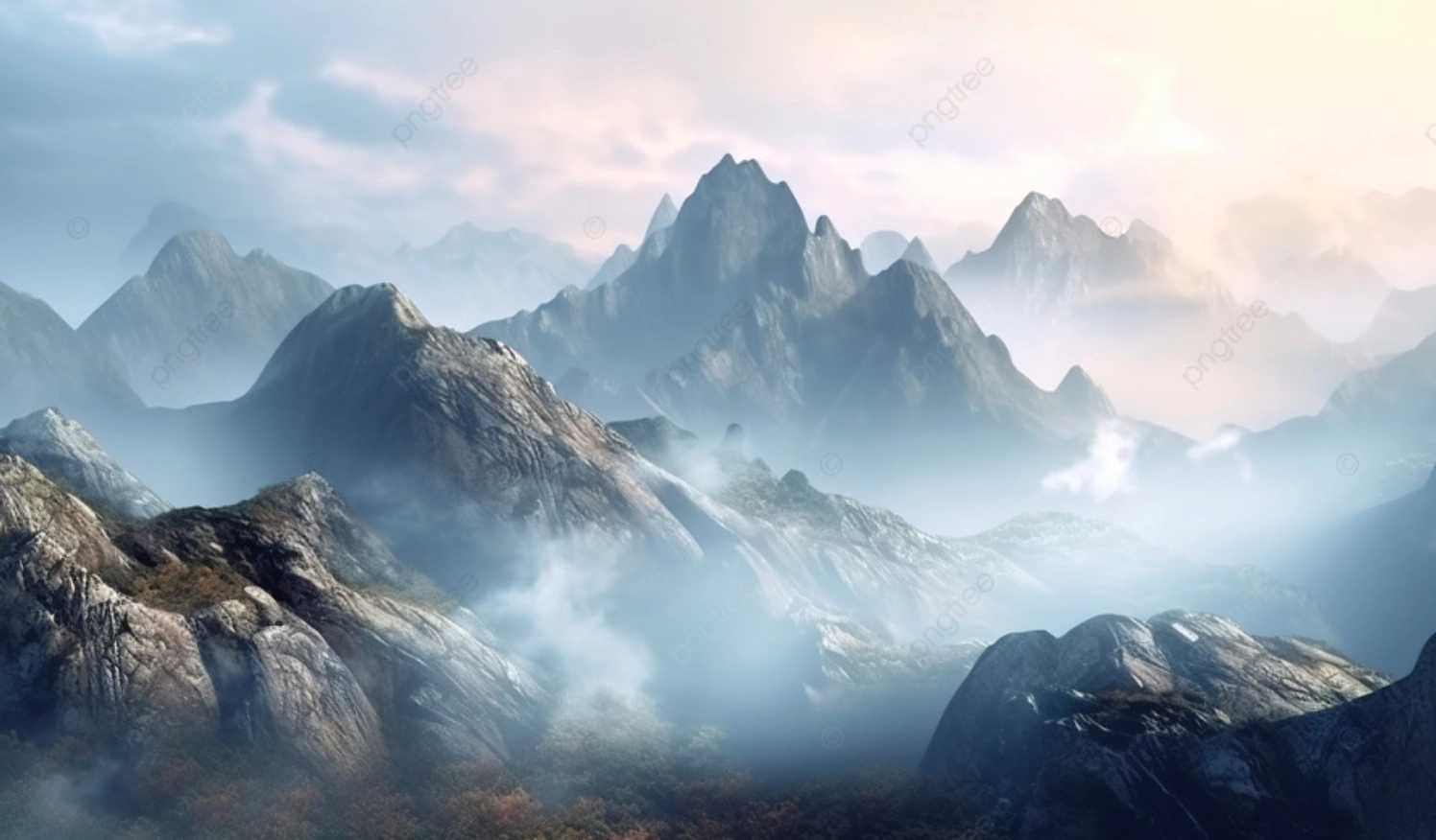 Hình nền phong cảnh đẹp núi non hùng vĩ trong làn sương mù