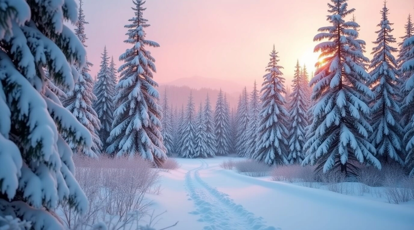 Hình nền Samsung rừng tuyết lúc hoàng hôn với ánh sáng vàng