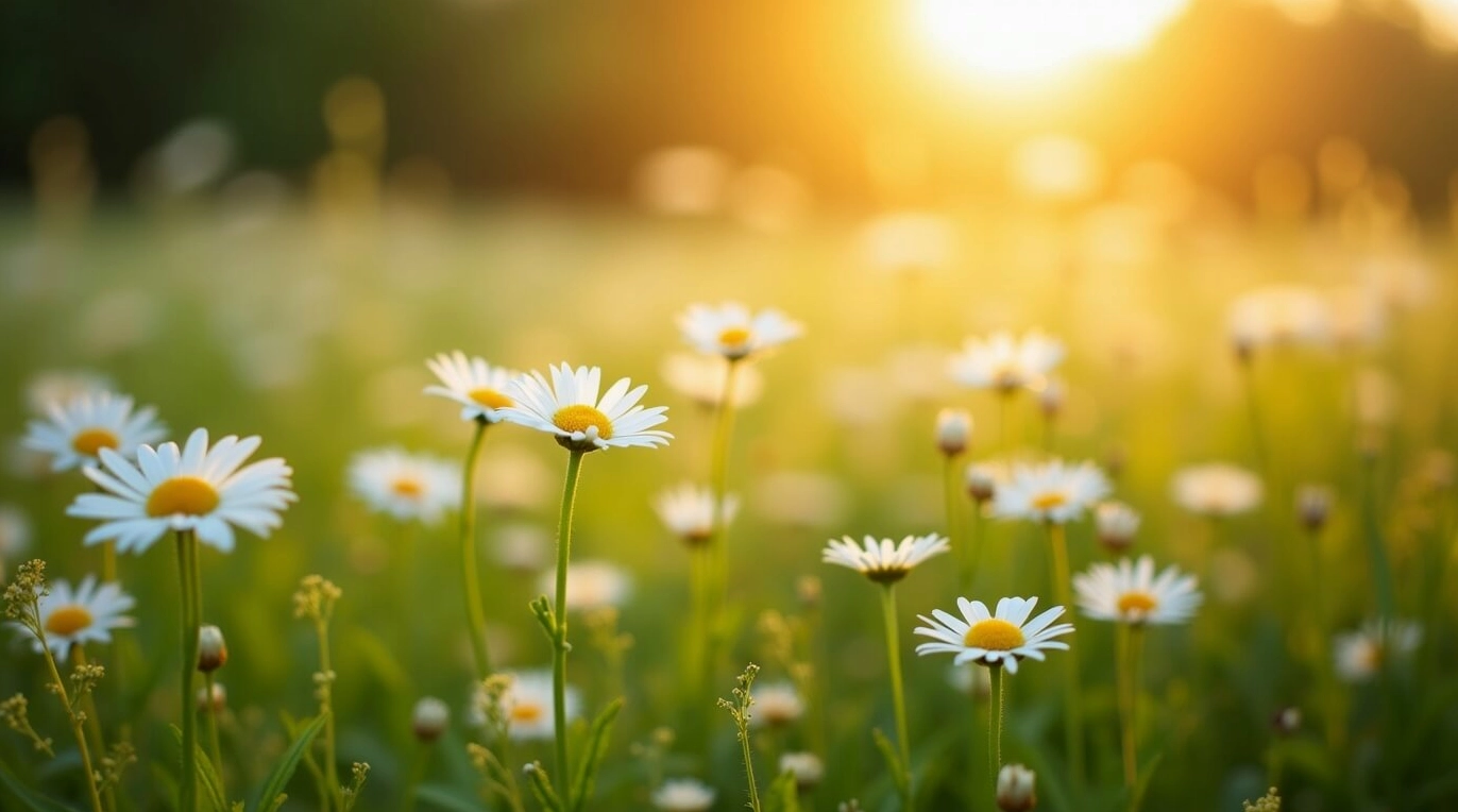 Hình nền tĩnh tâm cánh đồng hoa cúc trắng vào bình minh, vẻ đẹp tinh khôi.