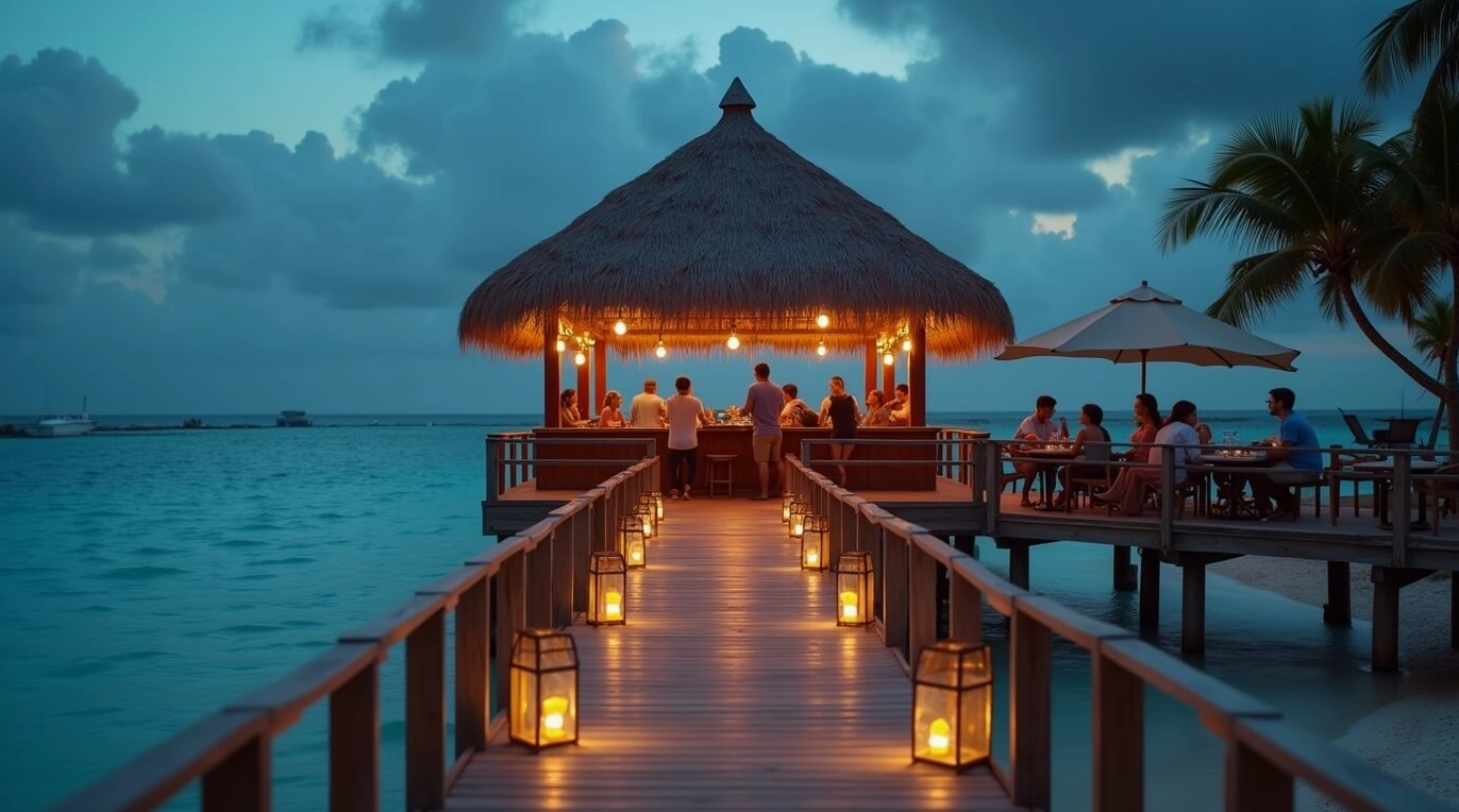 Hình nền tĩnh tâm cầu tàu ra biển với nhà hàng lợp mái tranh vào lúc hoàng hôn, cảnh chiều tà lãng mạn.