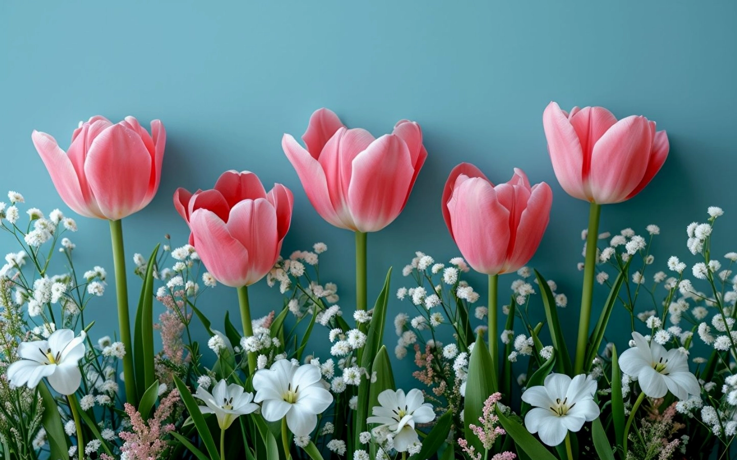 Hình nền Windows 11 với hoa tulip hồng nhẹ trên nền xanh