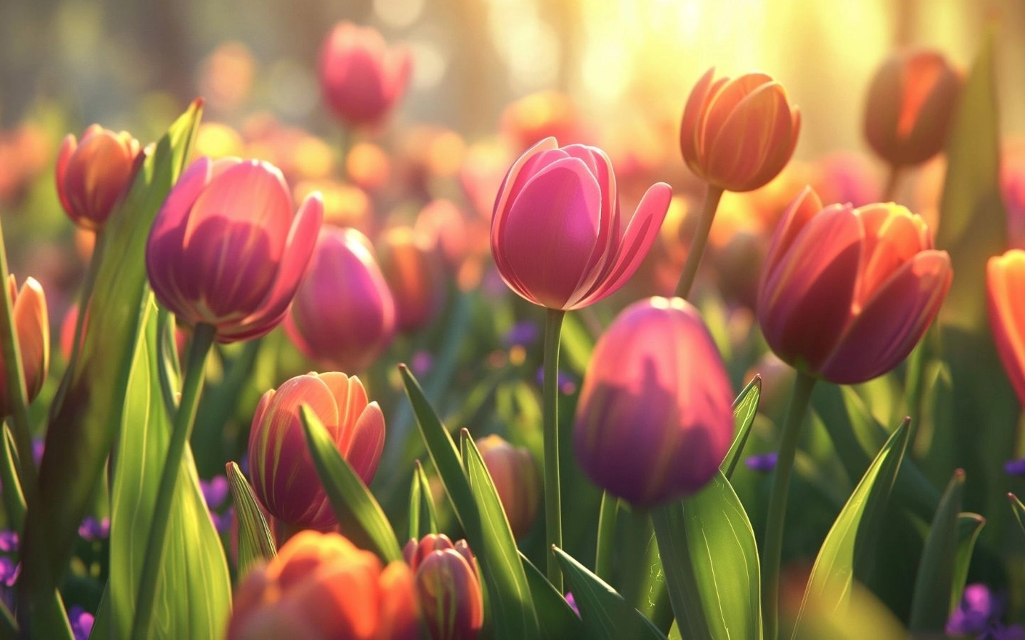 Hình nền Windows 11 với hoa tulip rực rỡ trong nắng mai