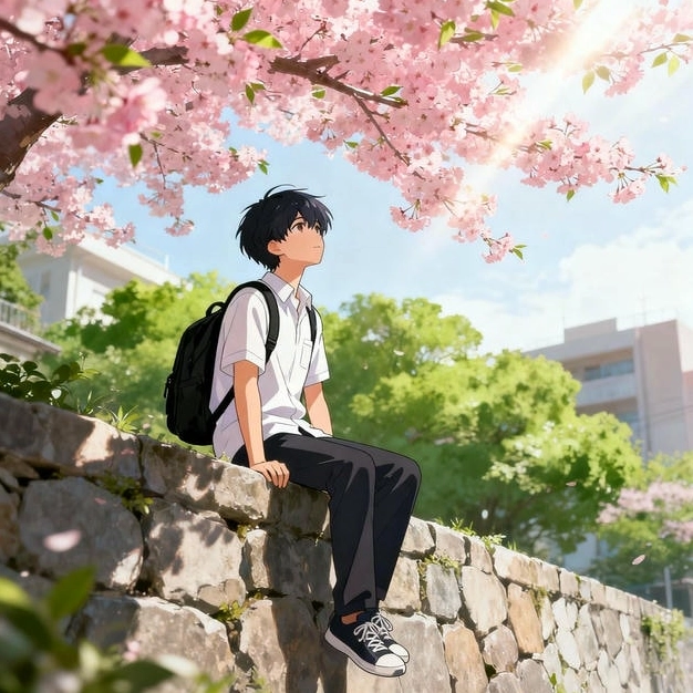 Khung cảnh trường học anime buổi sáng với học sinh