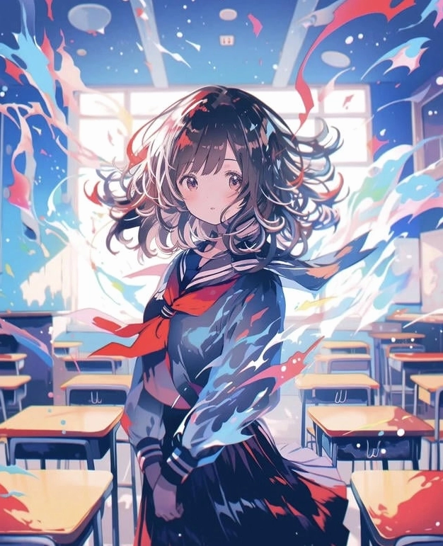 Khung cảnh trường học anime yên bình dưới ánh nắng chiều