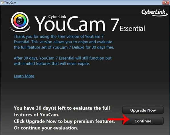 Ấn Continue để hoàn tất quá trình cài đặt CyberLink YouCam