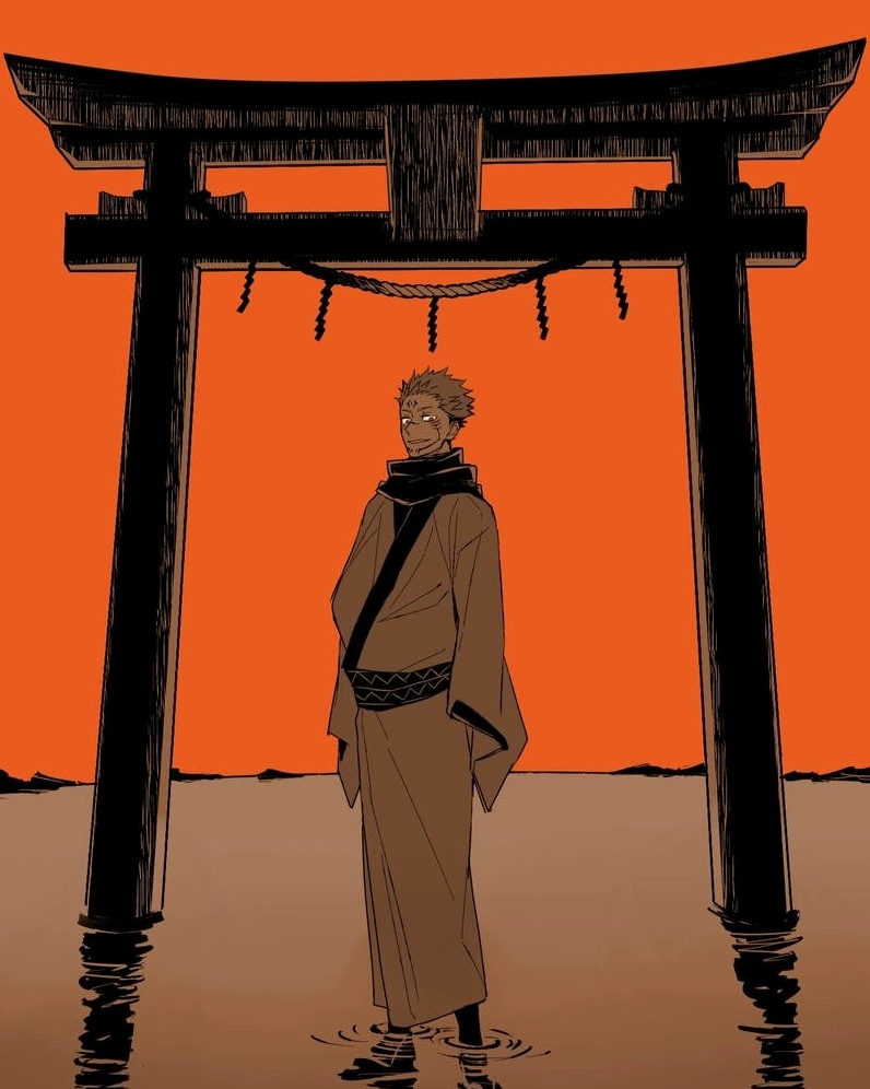 Ảnh anime Sukuna đứng dưới cổng torii hoàng hôn màu cam rực