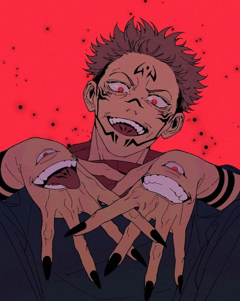 Ảnh anime Sukuna làm hình trái tim tay trên nền đỏ rực