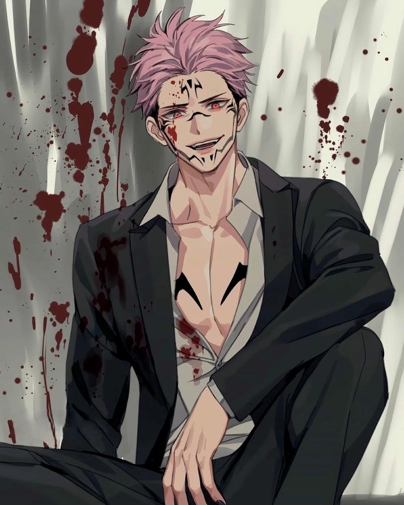 Ảnh anime Sukuna mặc vest đen lịch lãm nhưng dính đầy máu