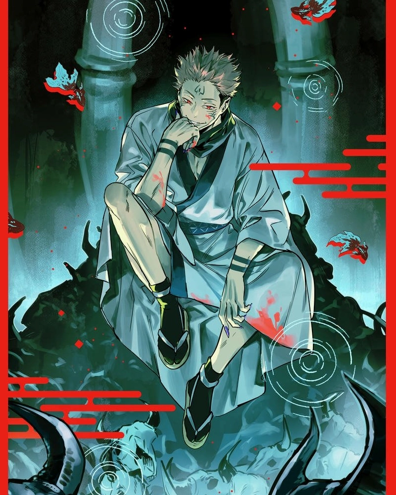 Ảnh anime Sukuna ngồi ung dung trong lãnh địa phục ma ngự trù tử