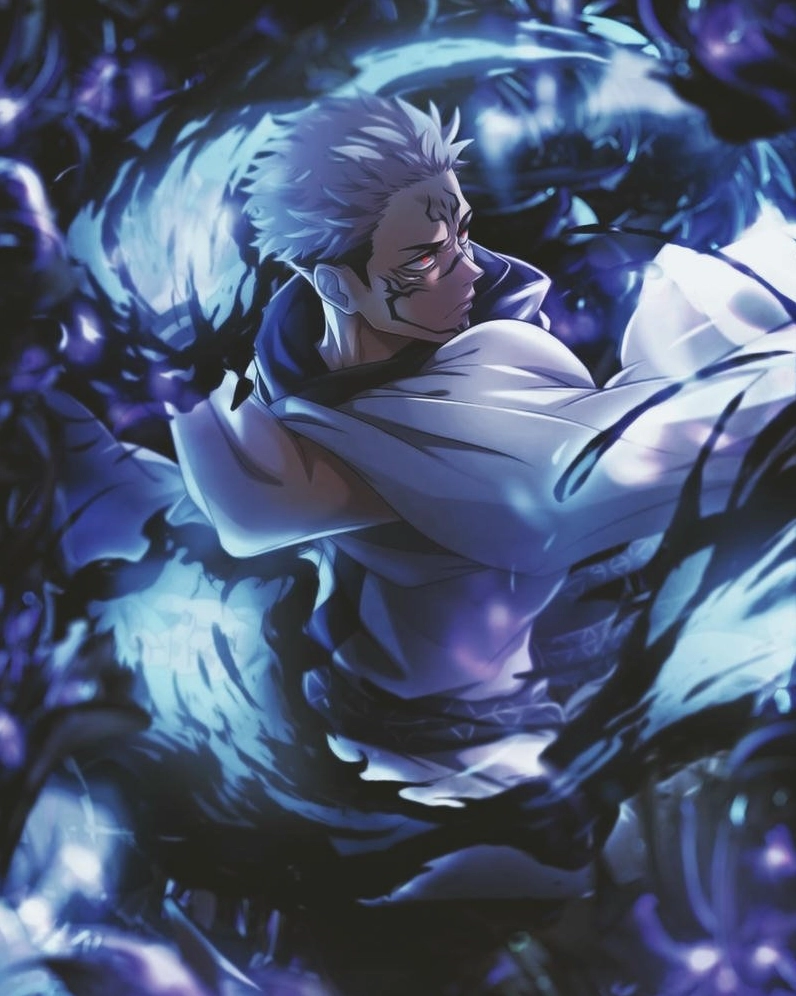 Ảnh anime Sukuna tỏa ra năng lượng nguyền rủa màu xanh lam