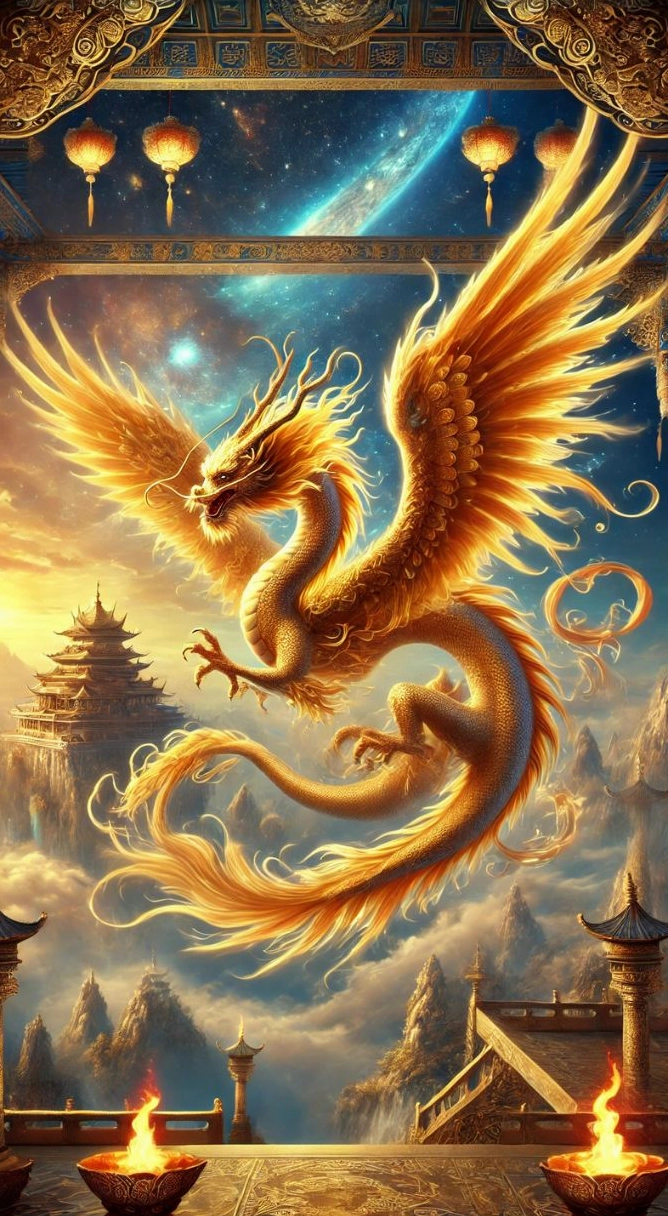 Ảnh rồng vàng phát sáng rực rỡ tạo cảm giác linh thiêng và đầy quyền năng