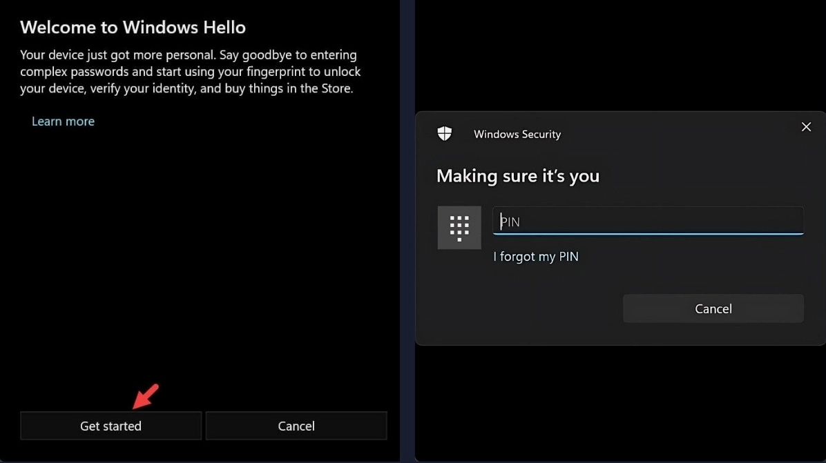 Bấm nút Get started và nhập mã PIN