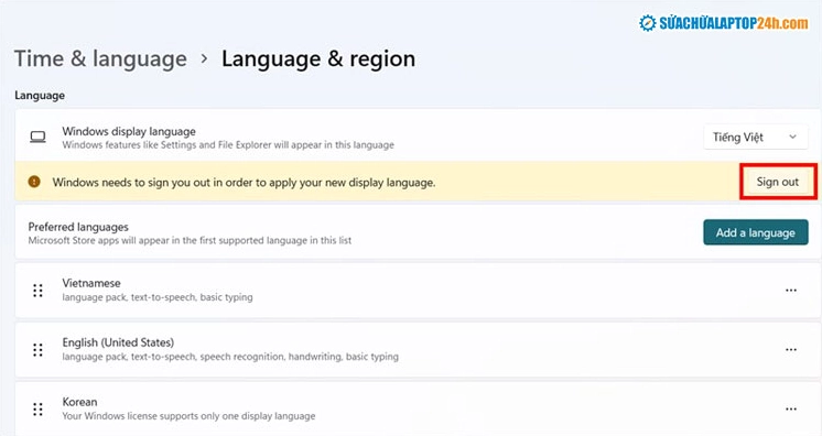 Hướng dẫn chi tiết cách đổi ngôn ngữ trên laptop Windows nhanh chóng 12 Bấm Sign out để hệ thống hoàn tất cài đặt ngôn ngữ mới
