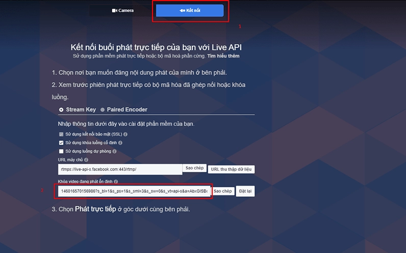 Bấm vào mục Kết nối để lấy đoạn mã Live Key