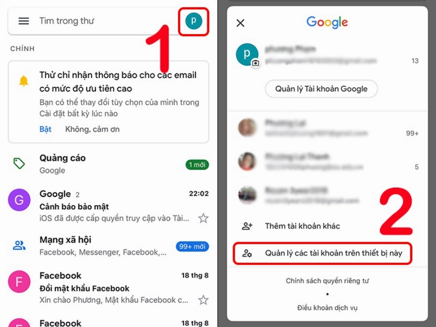 Bấm vào Quản lý các tài khoản trên thiết bị này