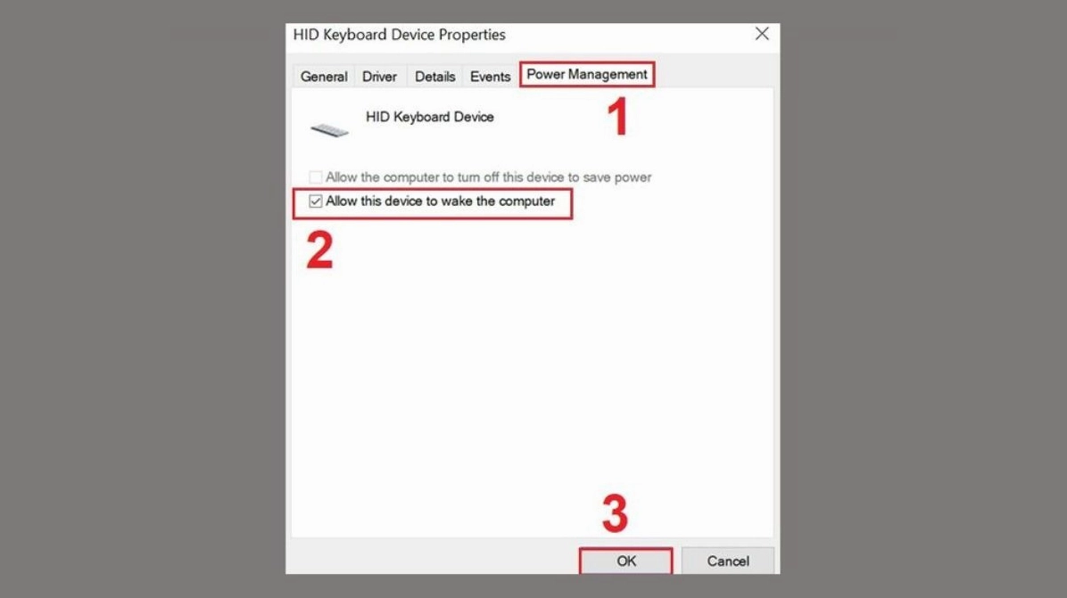 Bạn cần đảm bảo tùy chọn Allow this device to wake the computer được tick chọn