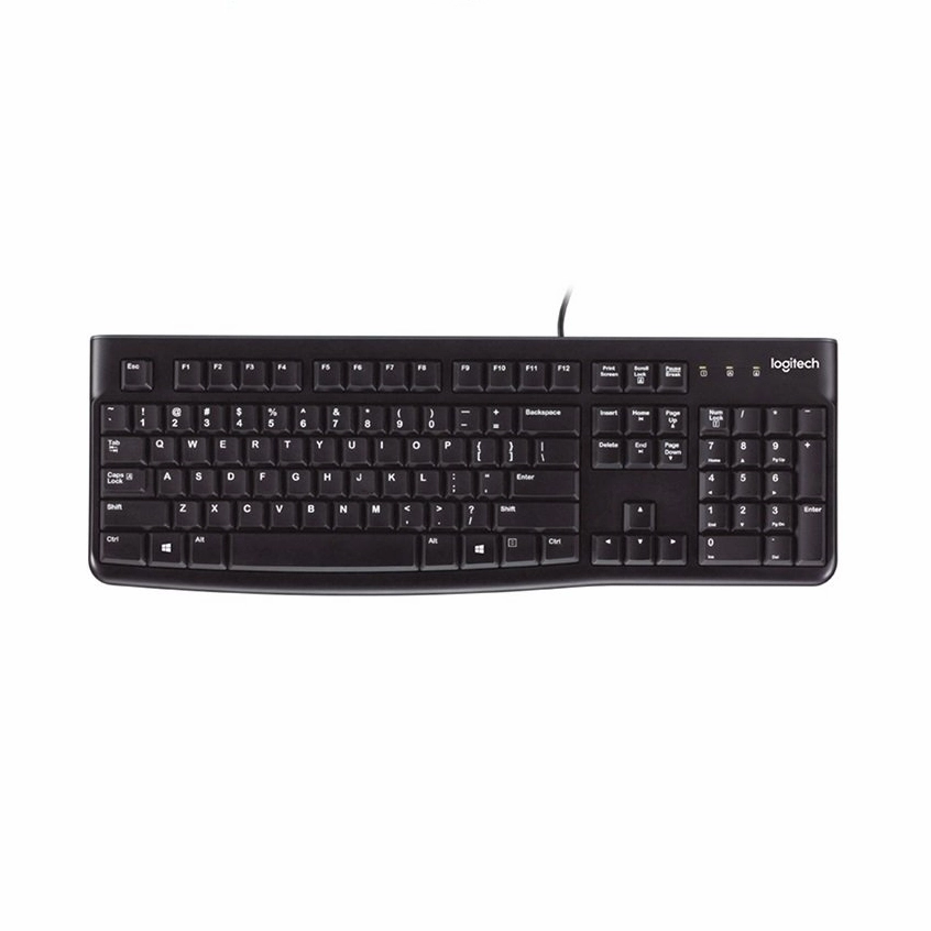 Bàn phím máy tính Logitech K120 màu đen với các phím bấm rõ nét tiêu chuẩn