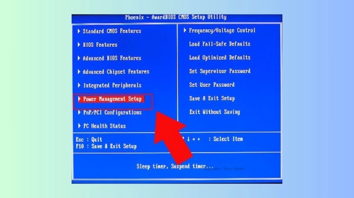 Bạn sử dụng các phím mũi tên để di chuyển đến tab Power Management Setup