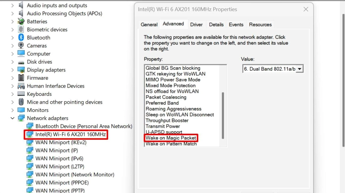 Bạn tìm thuộc tính có tên Wake on Magic Packet và đặt giá trị thành Enabled